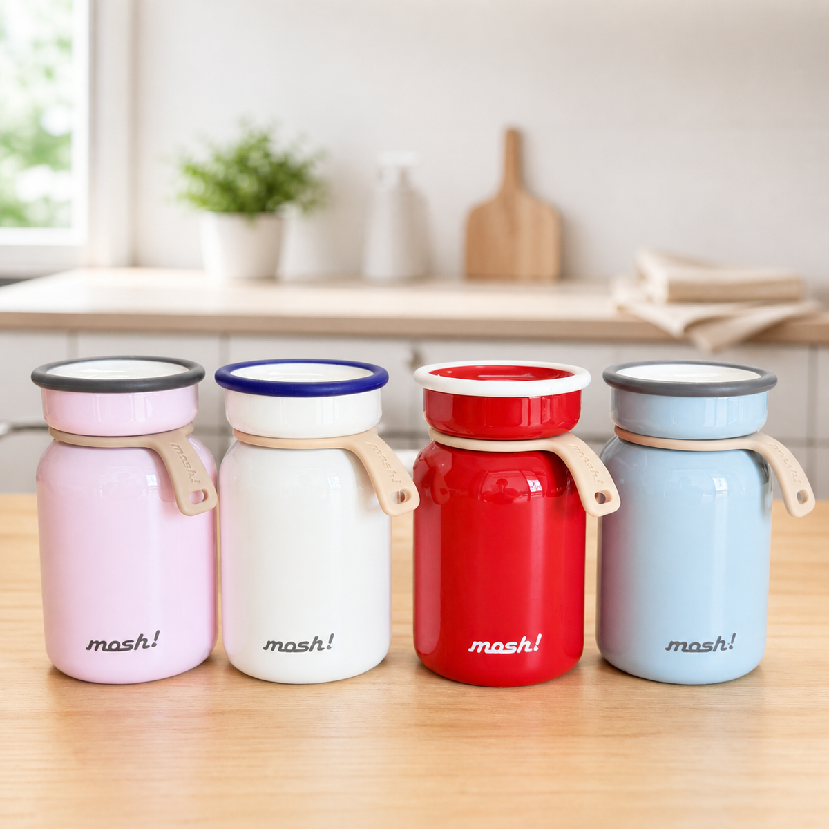 mosh! Insulated Travel Tumbler with Handle — 200ml, sky blue, red, white, and pink