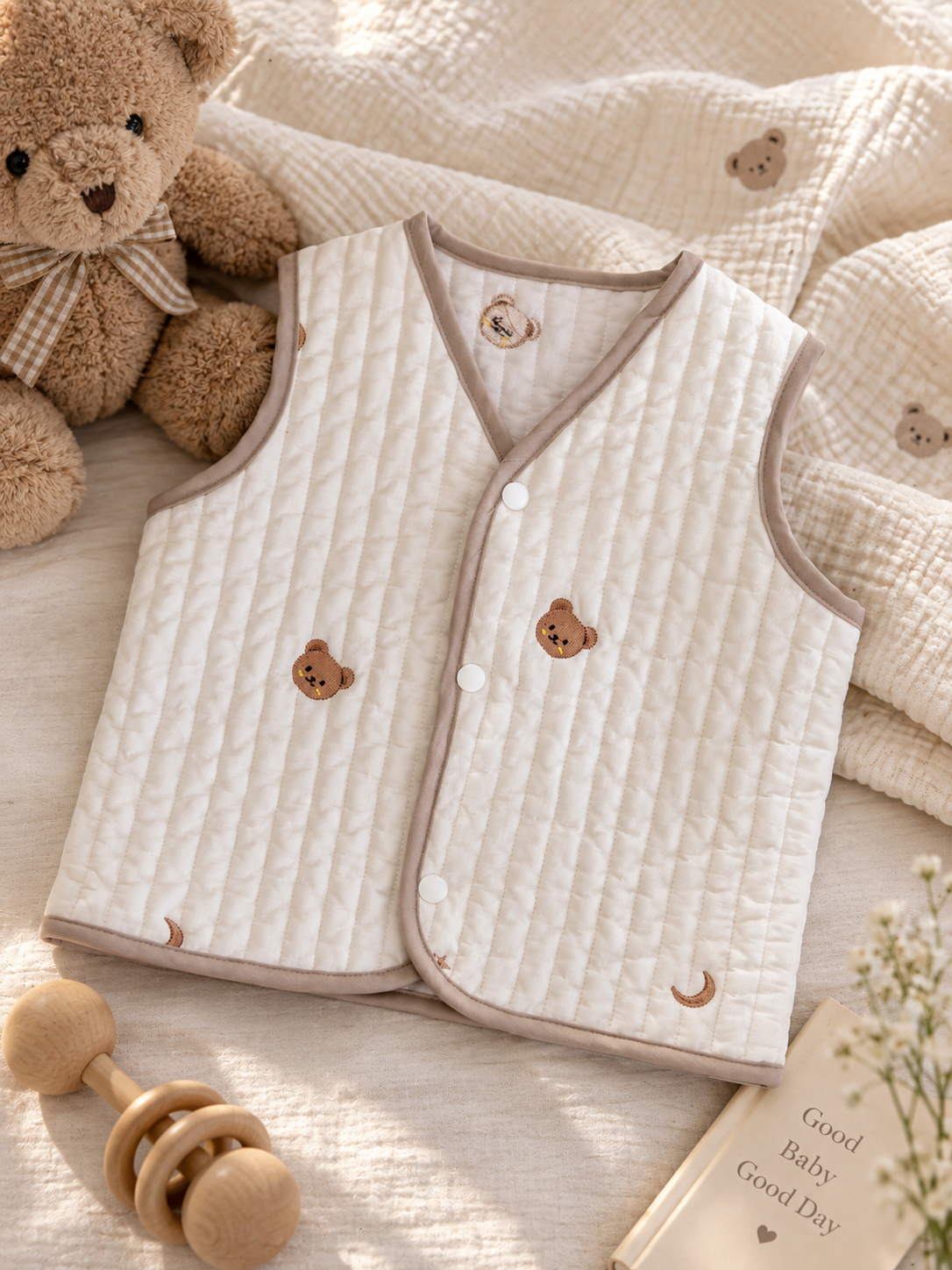 Embroidered Bear quilted baby vest, made in Korea