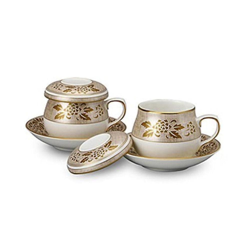 Gung Fine Bone China tea set for two with cups, saucers, lids, and strainers