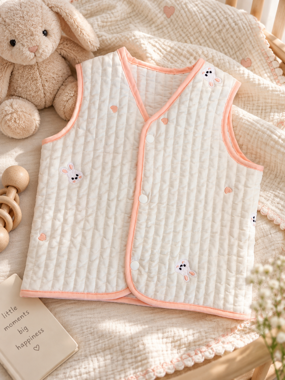 Embroidered Rabbit quilted baby vest, made in Korea