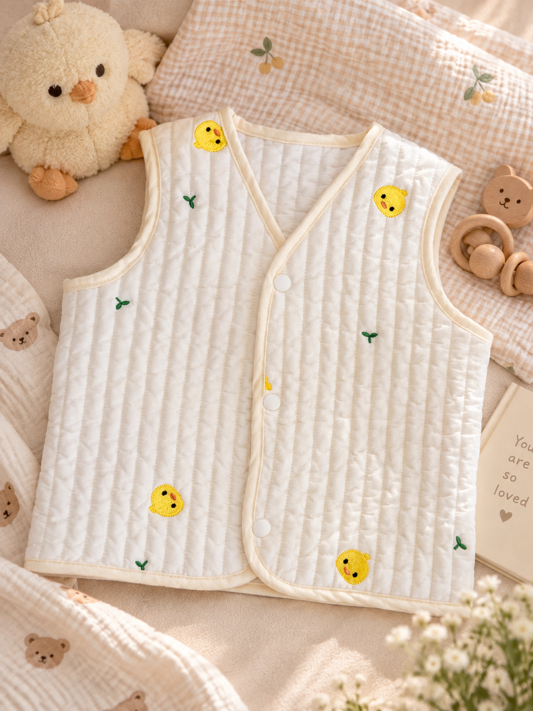 Embroidered Chick quilted baby vest, made in Korea