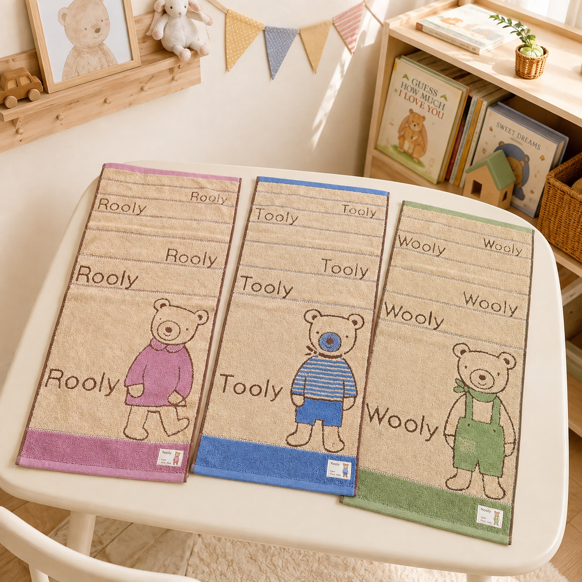 답례품 Bear Embroidered Cotton Hand Towel | Baby Shower & First Birthday Favor