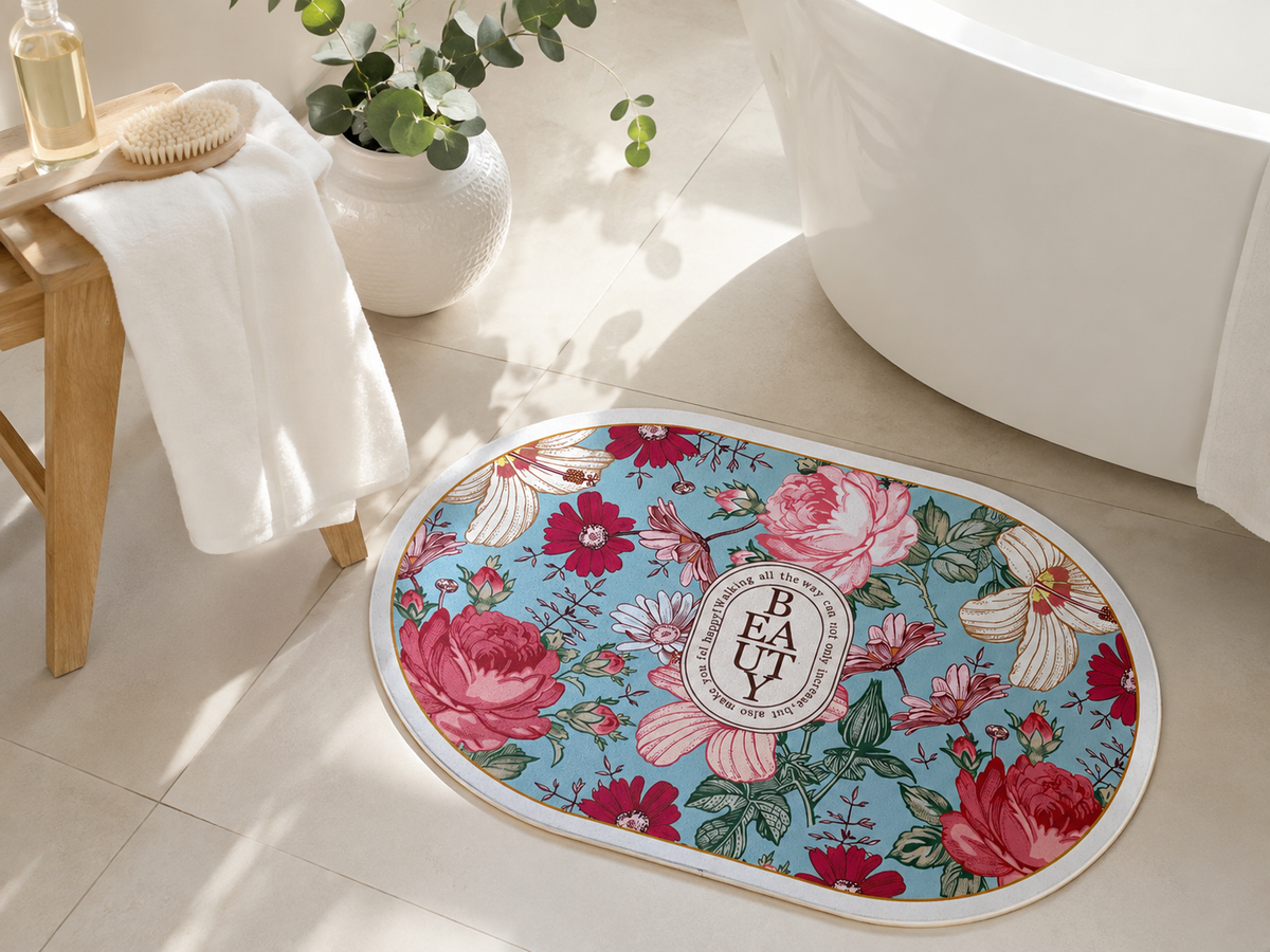 Jardin de Belle Diatomite Bath Mat | Washable Non-Slip Floral Mat for Bathroom and Entryway