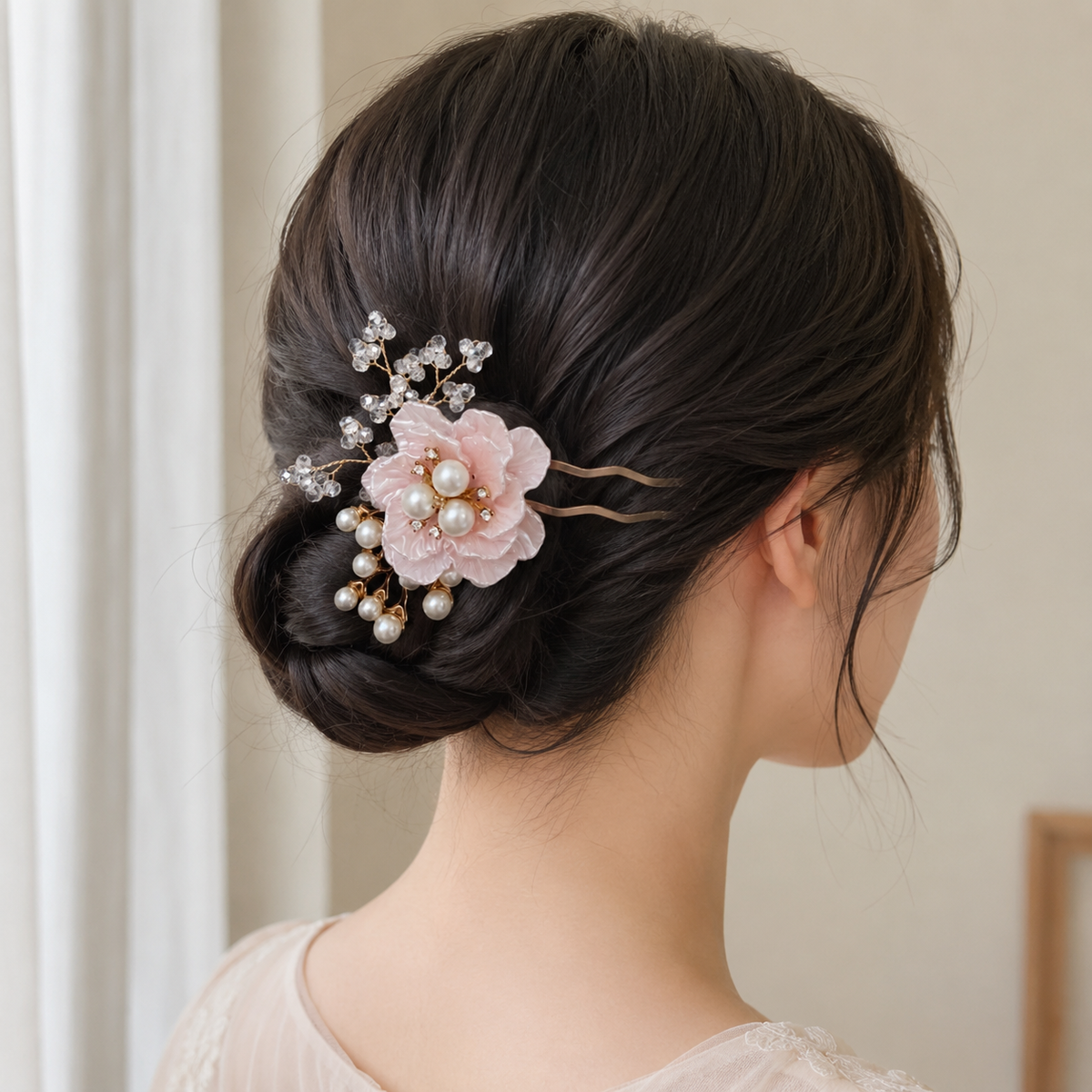 Korean-Inspired Floral Hair Pin | Elegant Pearl Bun Hair Stick Soft Pink