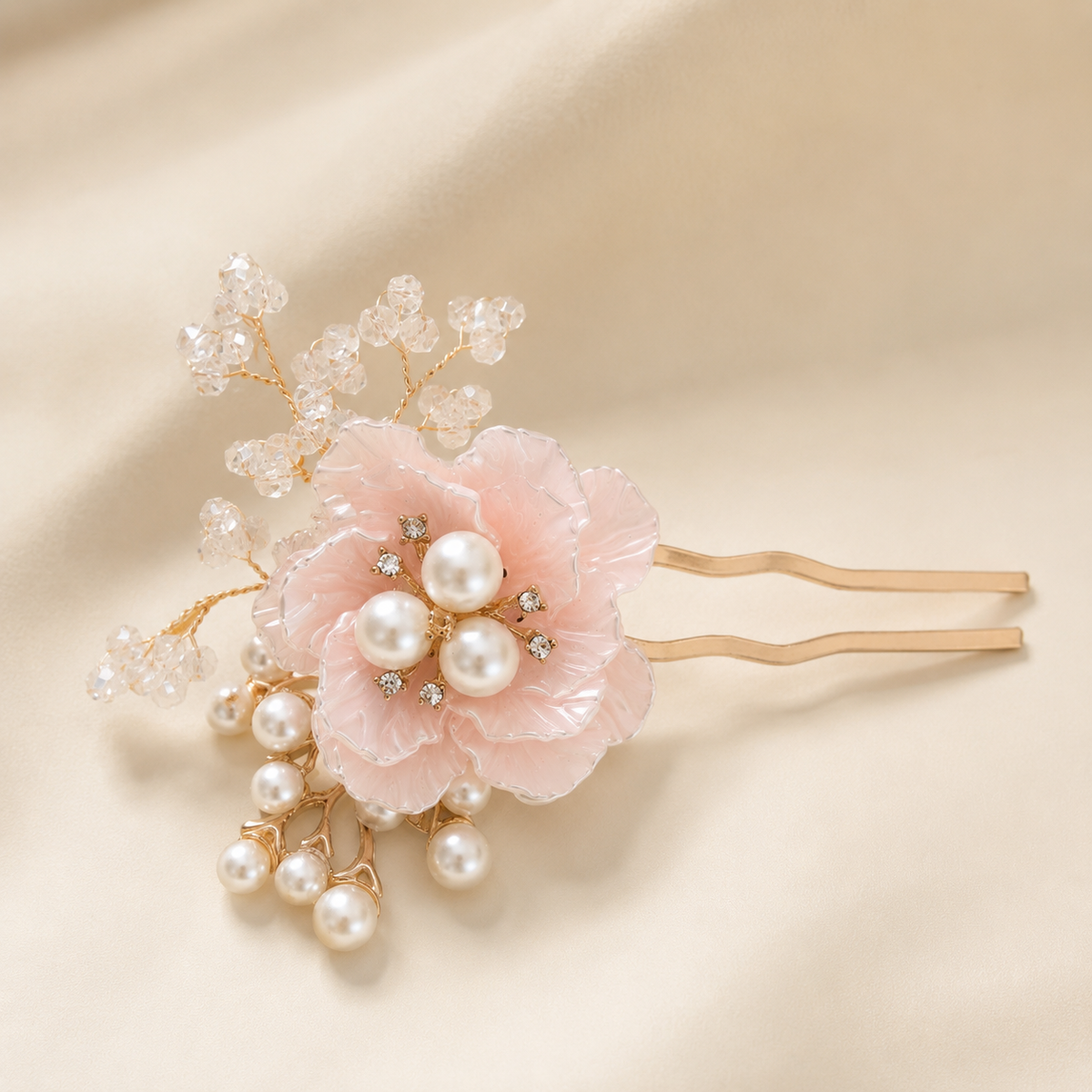 Korean-Inspired Floral Hair Pin | Elegant Pearl Bun Hair Stick Soft Pink