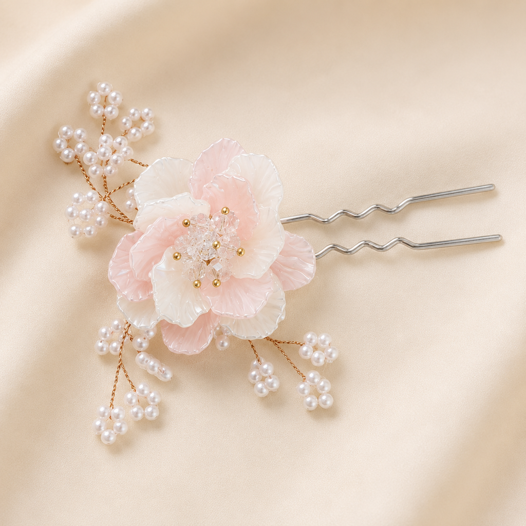 Korean-Inspired Soft Pink & White Floral Hair Pin | Pearl Bridal Bun Hair Stick