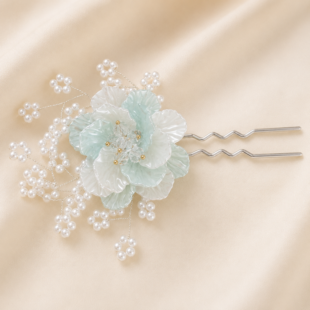 Korean-Inspired Mint & White Floral Hair Pin | Pearl Bridal Bun Hair Stick