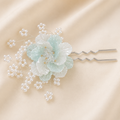 Korean-Inspired Mint & White Floral Hair Pin | Pearl Bridal Bun Hair Stick