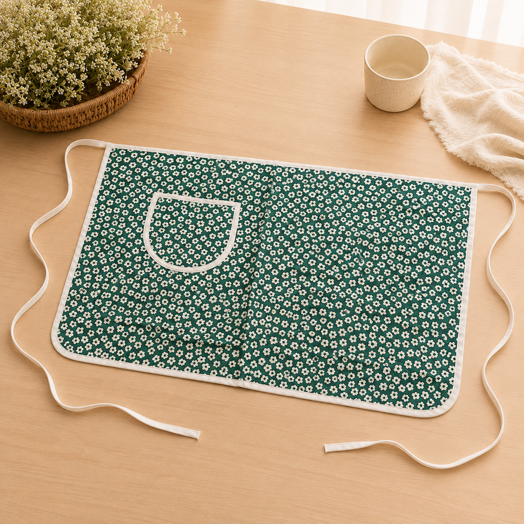 Green Daisy Cotton Gauze Half Apron | Korean Muslin Waist Apron with Pocket