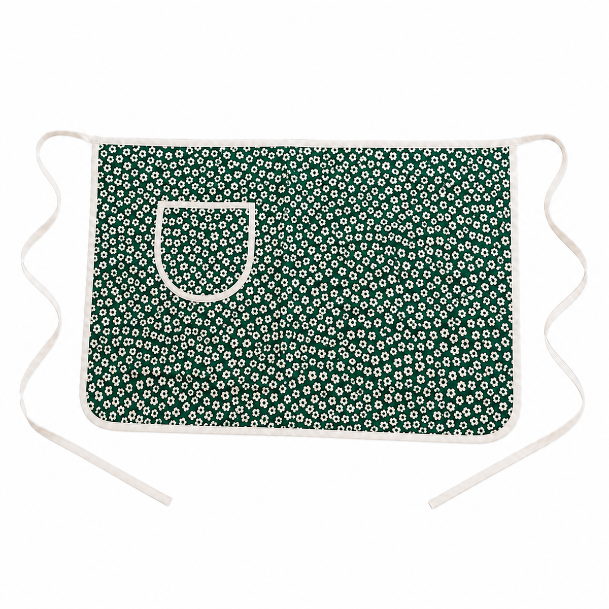 Green Daisy Cotton Gauze Half Apron | Korean Muslin Waist Apron with Pocket