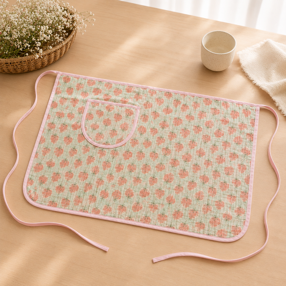 Mint Strawberry Cotton Gauze Half Apron | Korean Muslin Waist Apron with Pocket