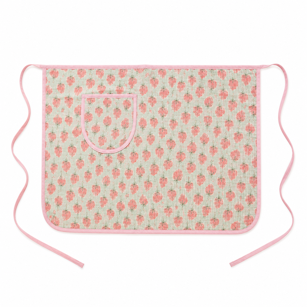Mint Strawberry Cotton Gauze Half Apron | Korean Muslin Waist Apron with Pocket