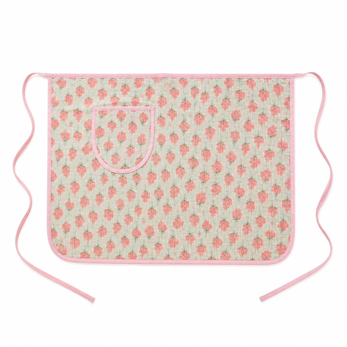 Mint Strawberry Cotton Gauze Half Apron | Korean Muslin Waist Apron with Pocket