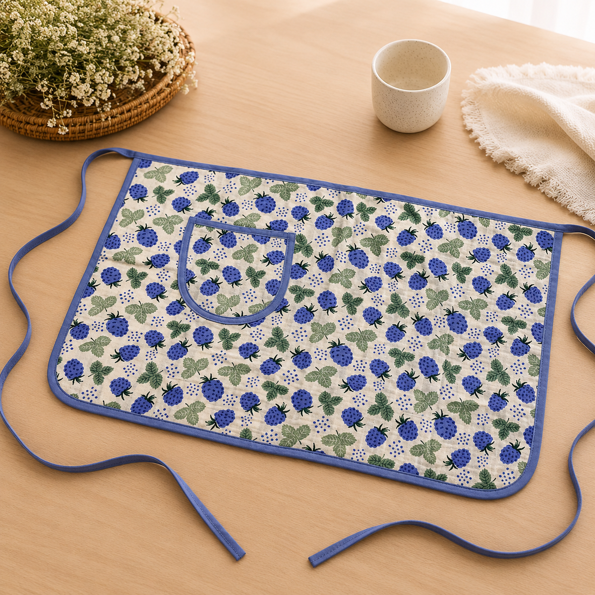 Blue Strawberry Cotton Gauze Half Apron — Large Print | Korean Muslin Waist Apron with Pocket