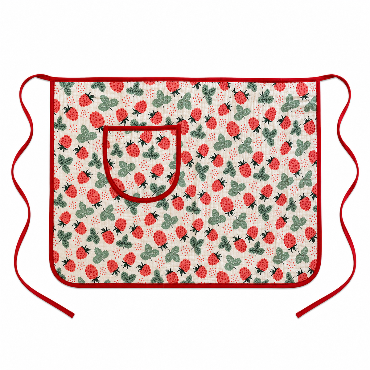 Red Strawberry Cotton Gauze Half Apron | Korean Muslin Waist Apron with Pocket