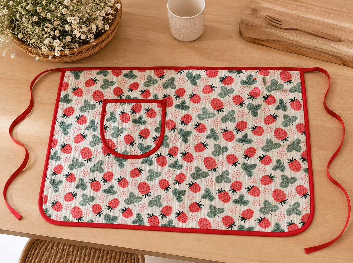 Red Strawberry Cotton Gauze Half Apron | Korean Muslin Waist Apron with Pocket
