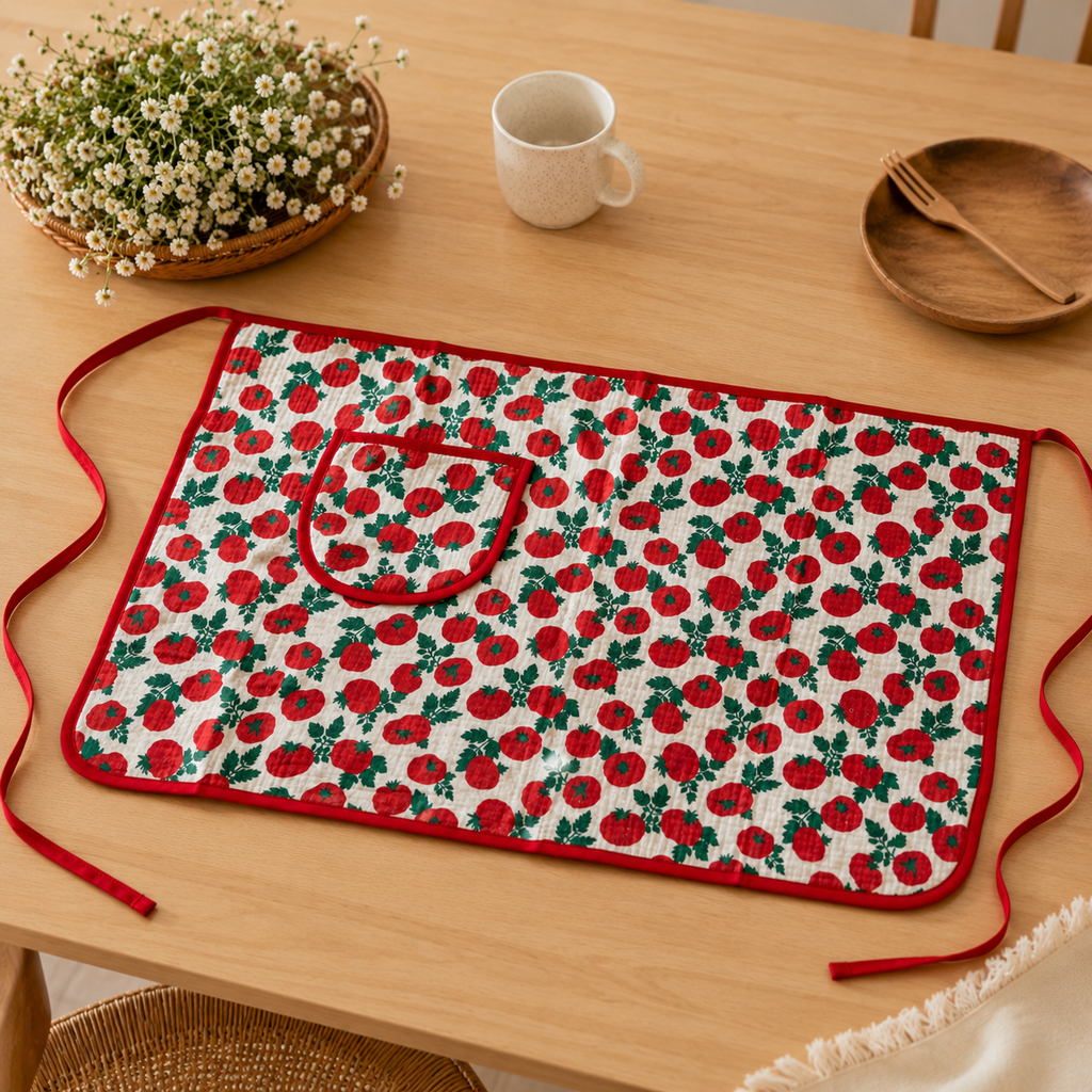 Red Tomato Cotton Gauze Half Apron | Korean Muslin Waist Apron with Pocket