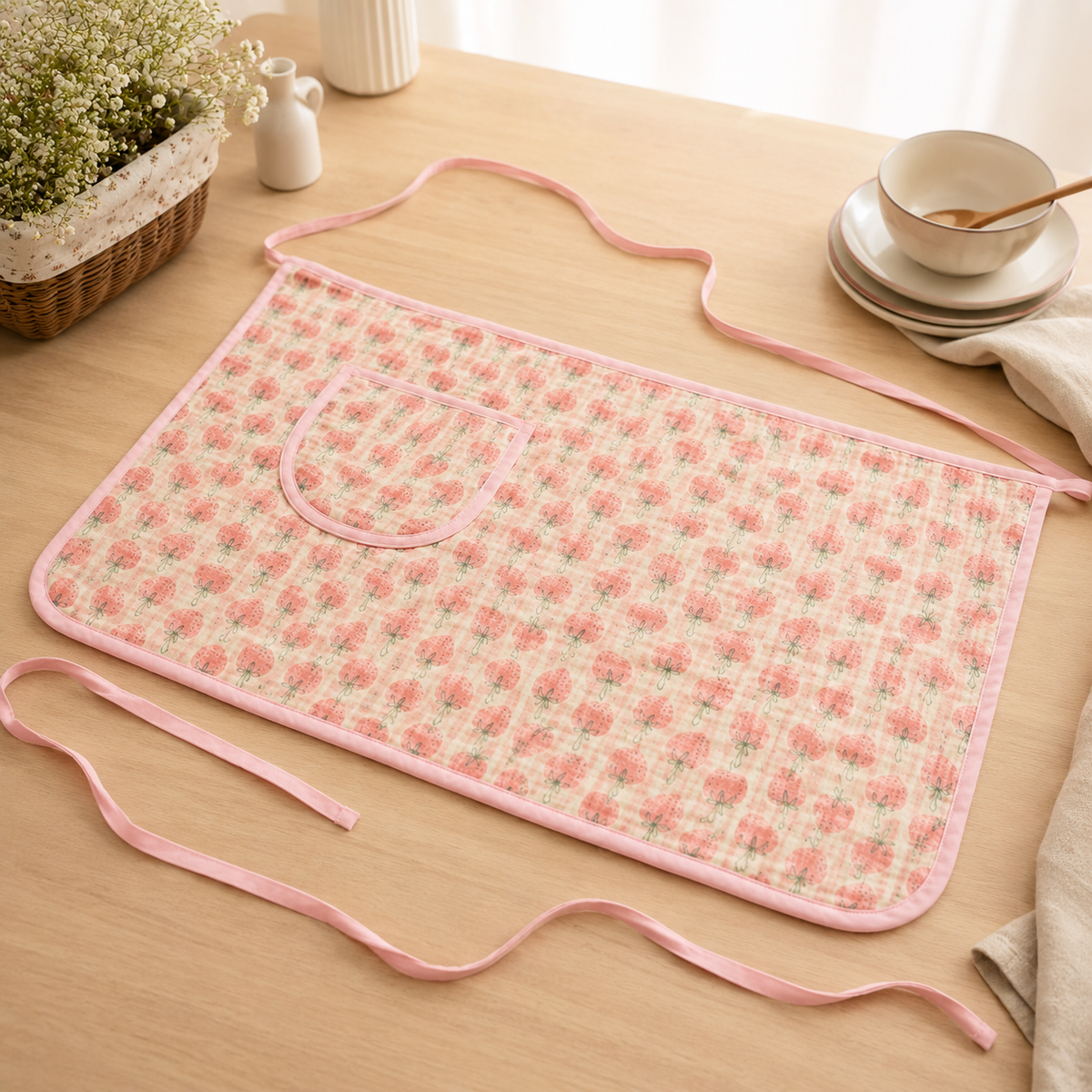 Pink Strawberry Cotton Gauze Half Apron | Korean Muslin Waist Apron with Pocket
