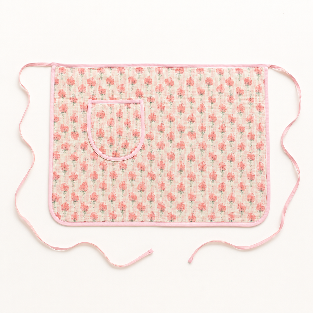 Pink Strawberry Cotton Gauze Half Apron | Korean Muslin Waist Apron with Pocket