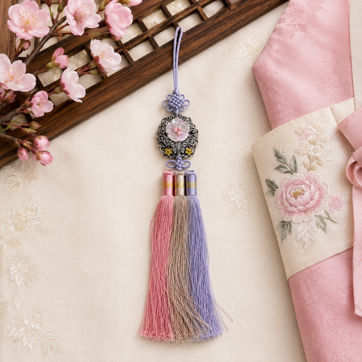 Pearlescent Bead Flower Norigae | Korean Traditional Tassel Ornament