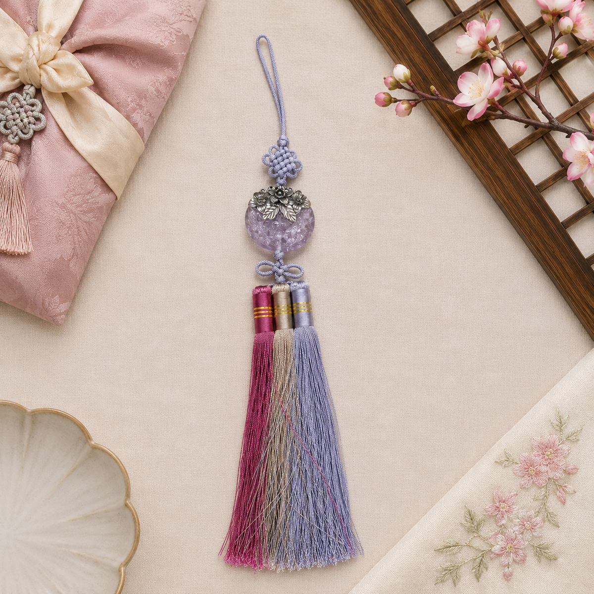 Round Bead Silver Flower Norigae | Korean Traditional Tassel Ornament
