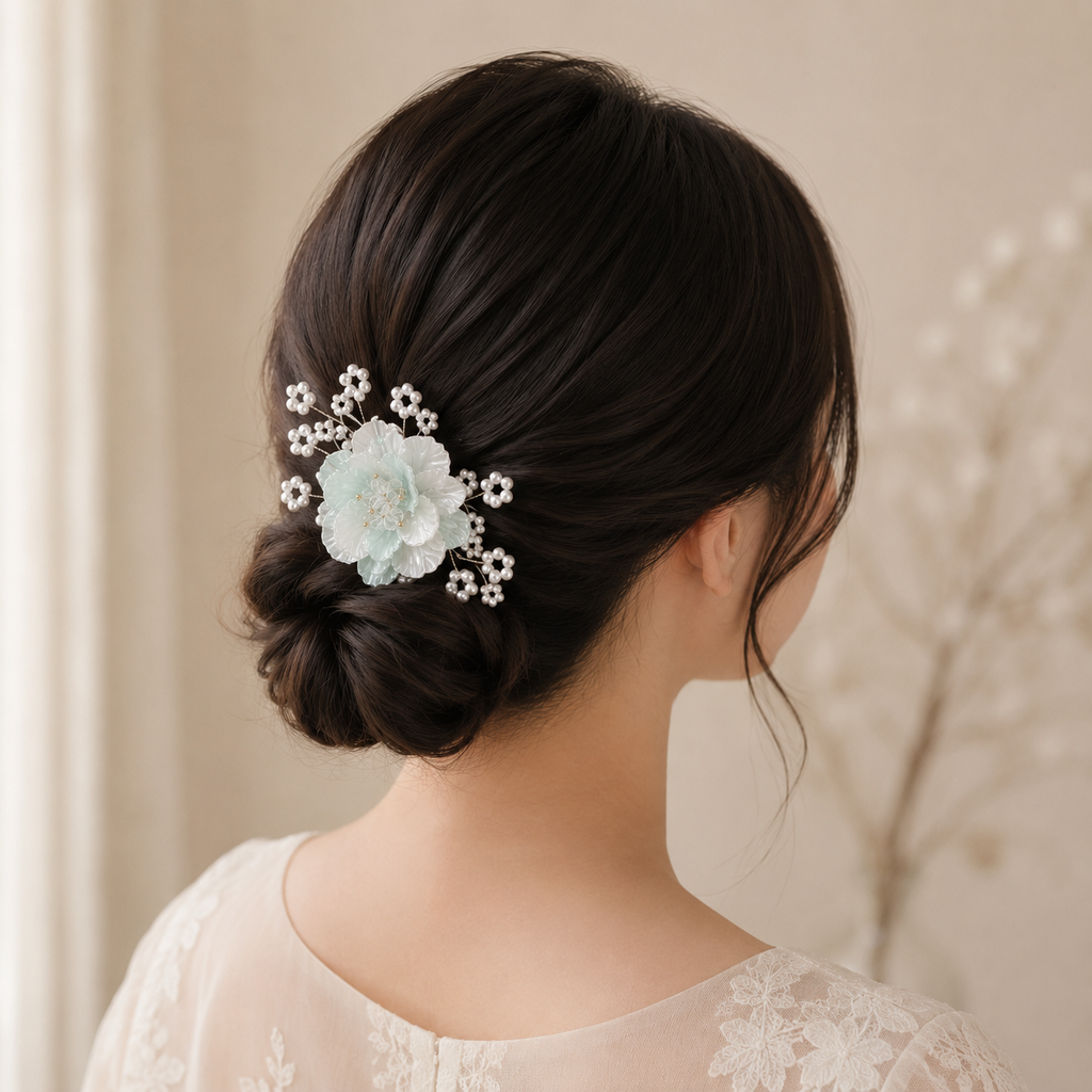 Korean-Inspired Mint & White Floral Hair Pin | Pearl Bridal Bun Hair Stick