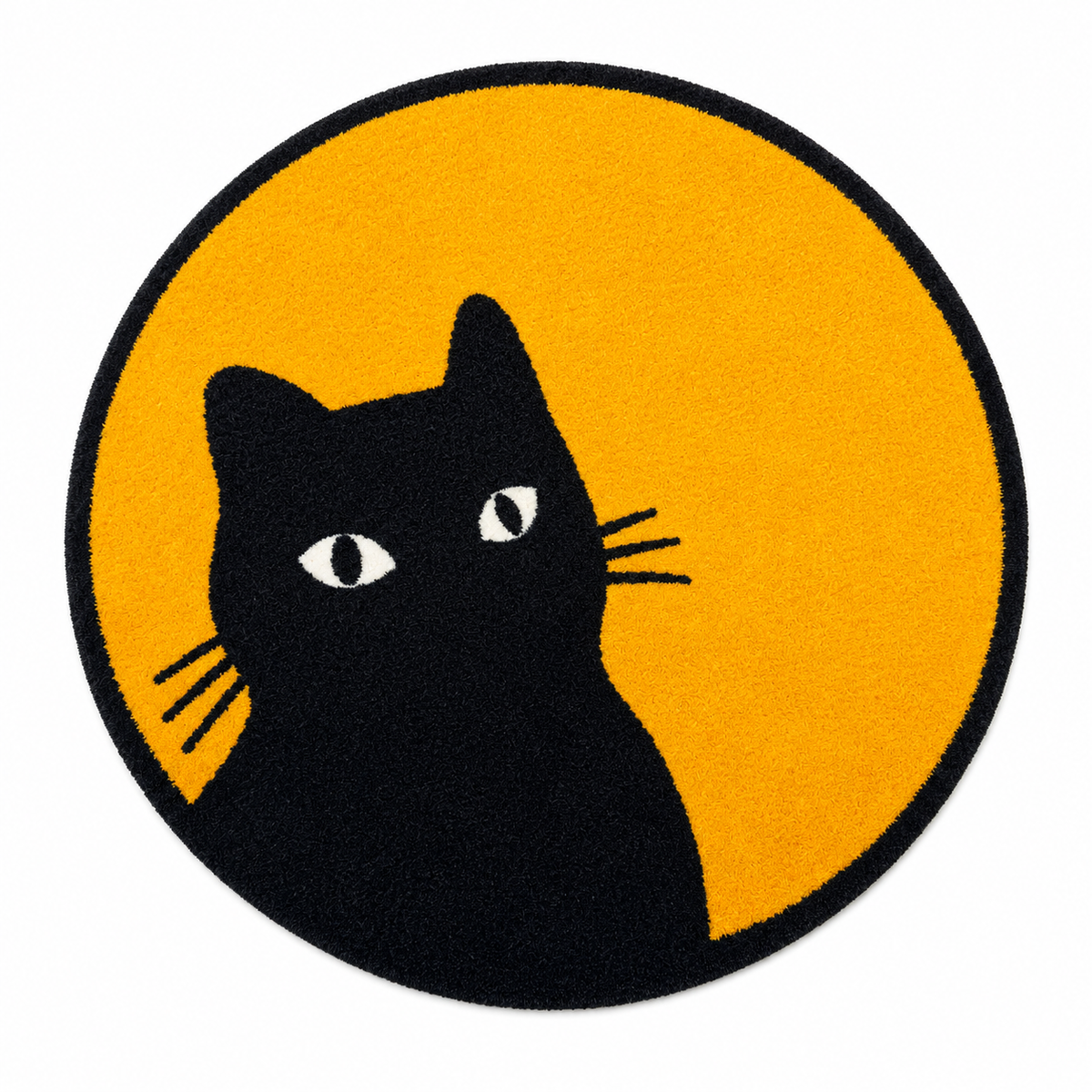 Moonlight Cat Round Rug — black cat silhouette on golden yellow, 80cm round accent rug
