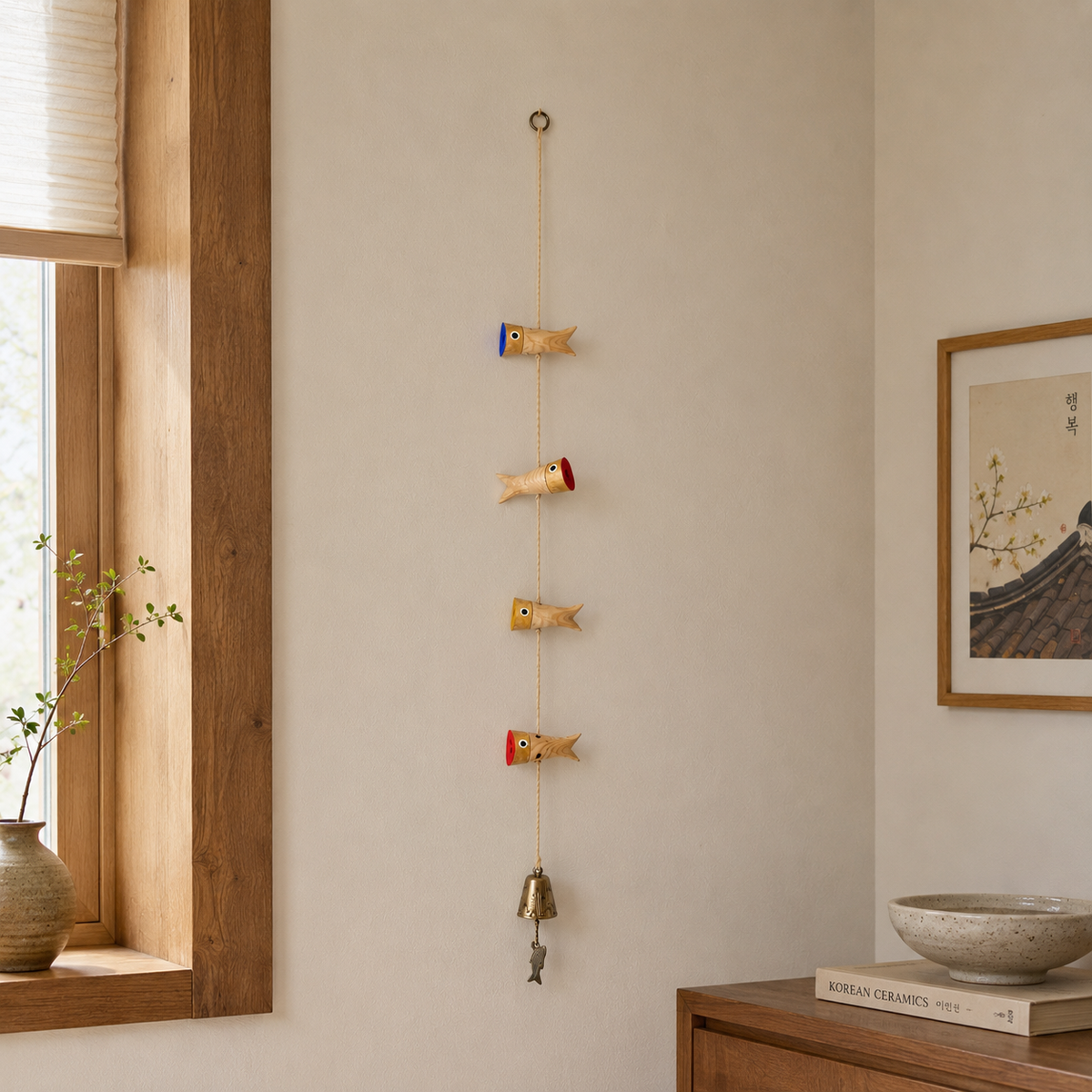 Four-Fish Wooden Myeongtae Hanging Ornament | Korean Good-Luck Door Decor
