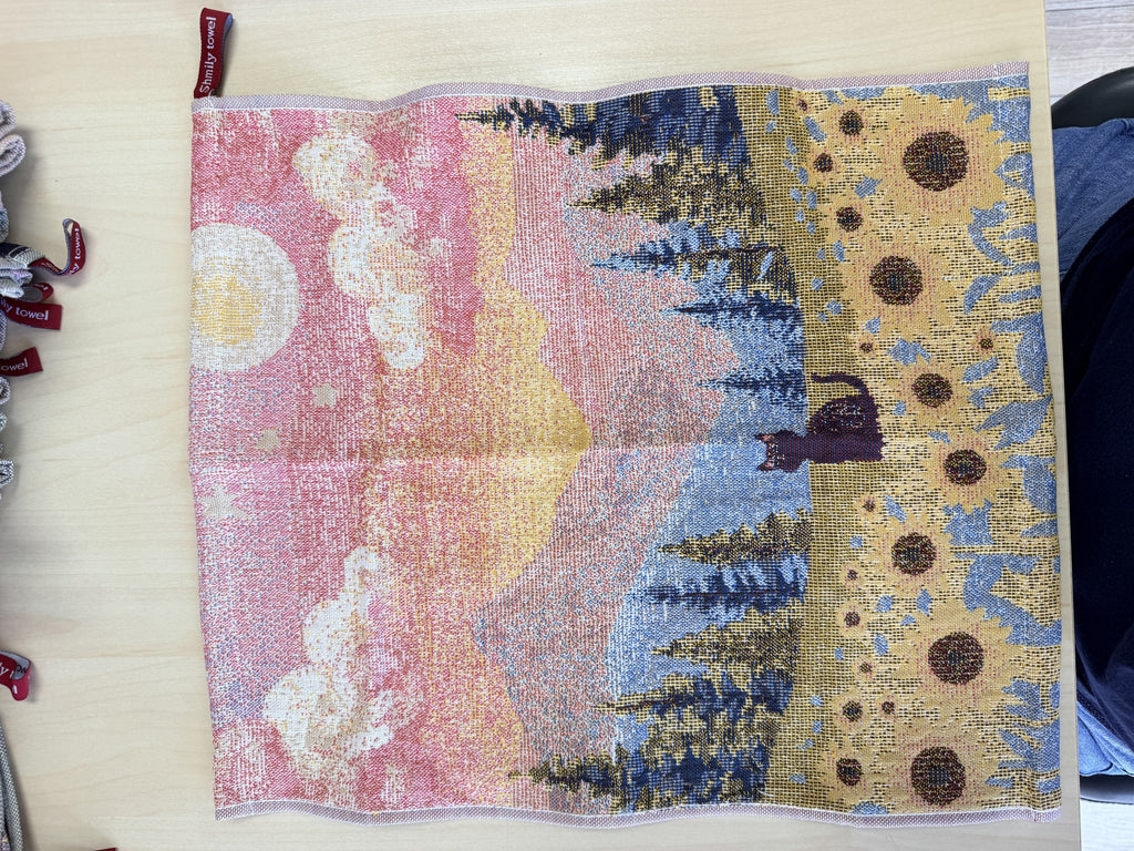 Forest Garden hand towel pattern - sunset mountain and sunflowers