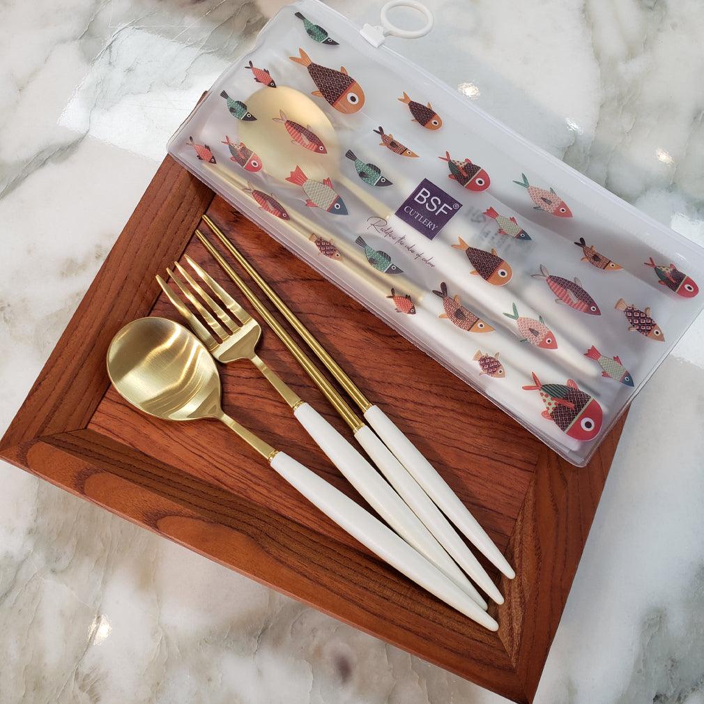 White Bogen Eiffel Gold kids spoon fork and chopsticks
