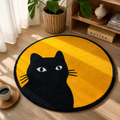 Moonlight Cat Round Rug — black cat silhouette on golden yellow, 80cm round accent rug