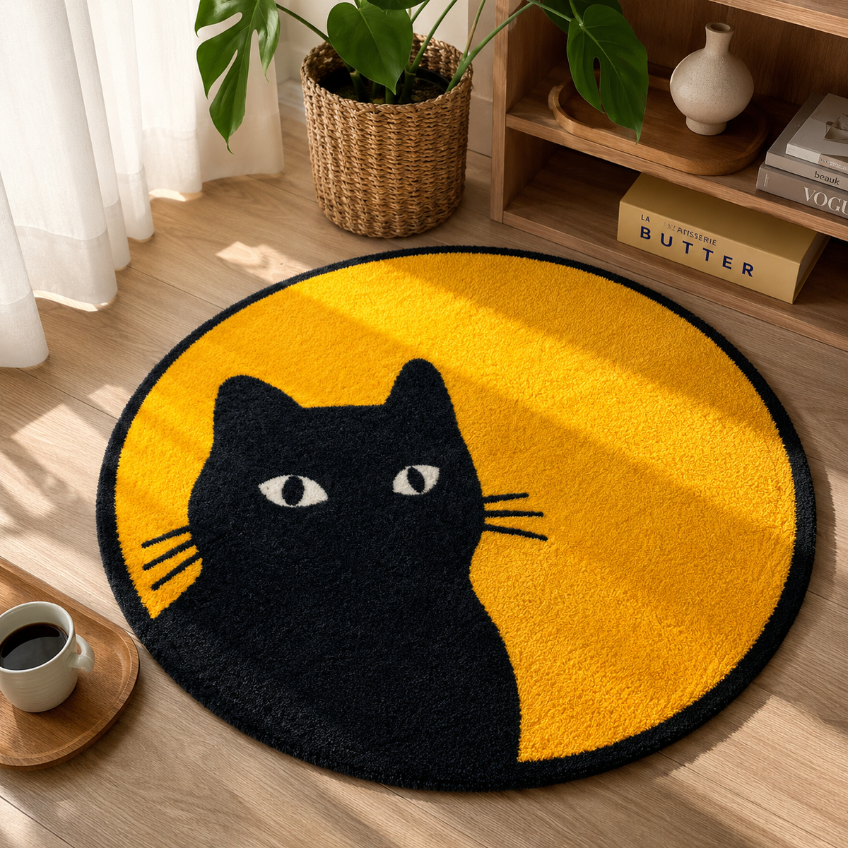 Moonlight Cat Round Rug — black cat silhouette on golden yellow, 80cm round accent rug