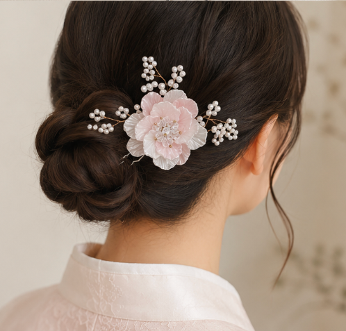 Korean-Inspired Soft Pink & White Floral Hair Pin | Pearl Bridal Bun Hair Stick