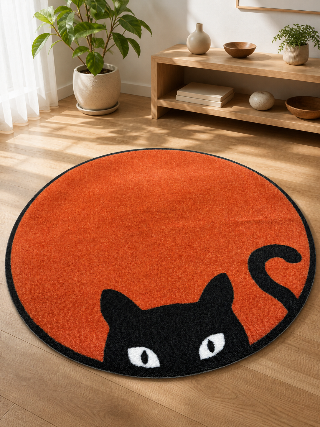 Sunset Cat Round Rug — black cat silhouette on burnt orange, 80cm round accent rug