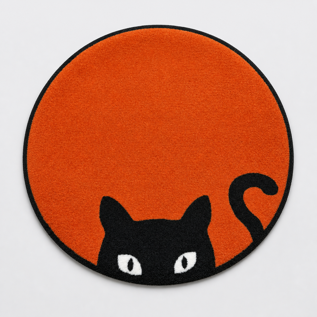 Sunset Cat Round Rug — black cat silhouette on burnt orange, 80cm round accent rug
