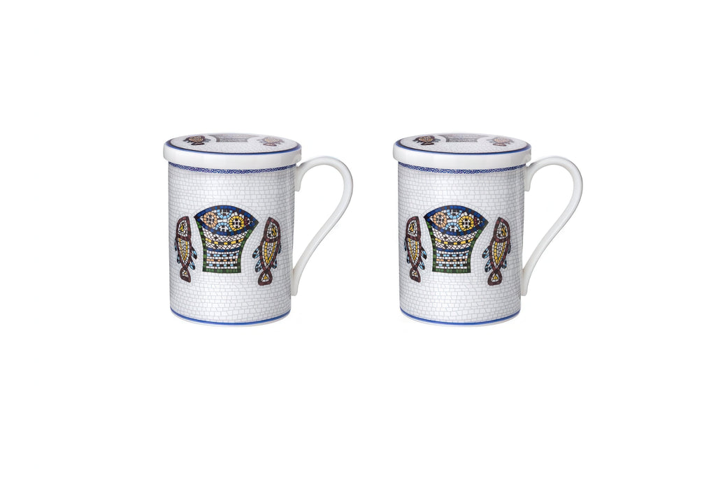 Two Five Loaves and Two Fish Fine Bone China mugs with matching lids