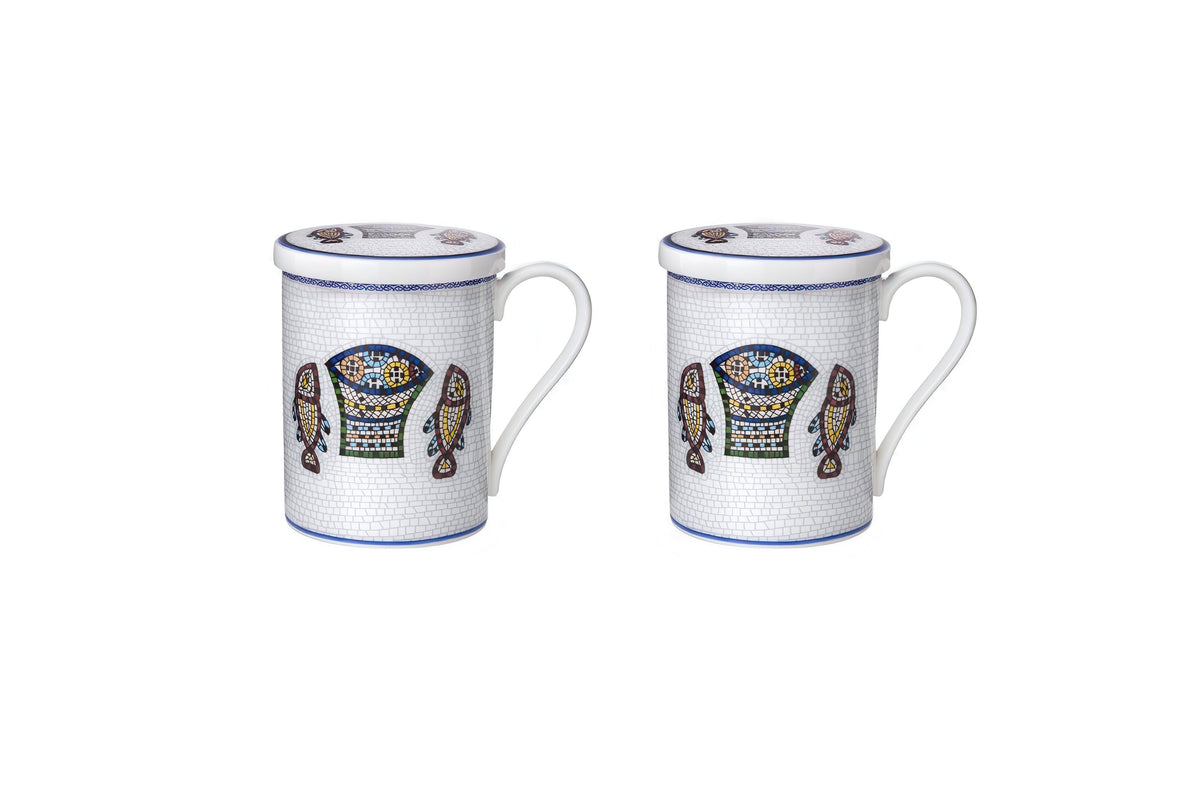 Two Five Loaves and Two Fish Fine Bone China mugs with matching lids
