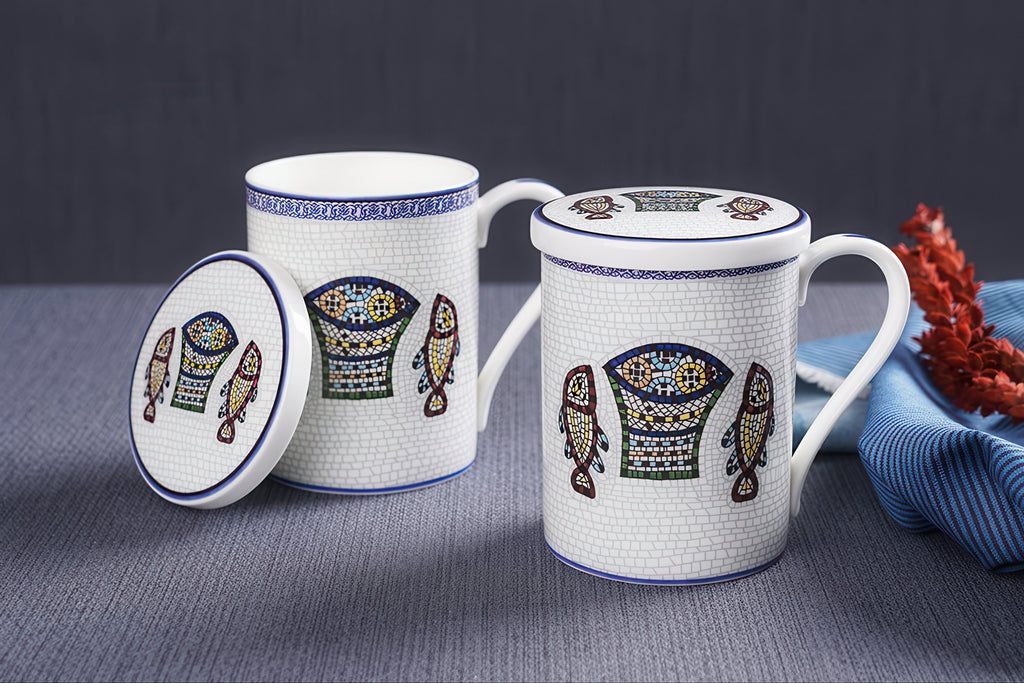 Five Loaves and Two Fish mug set with two mugs and two lids